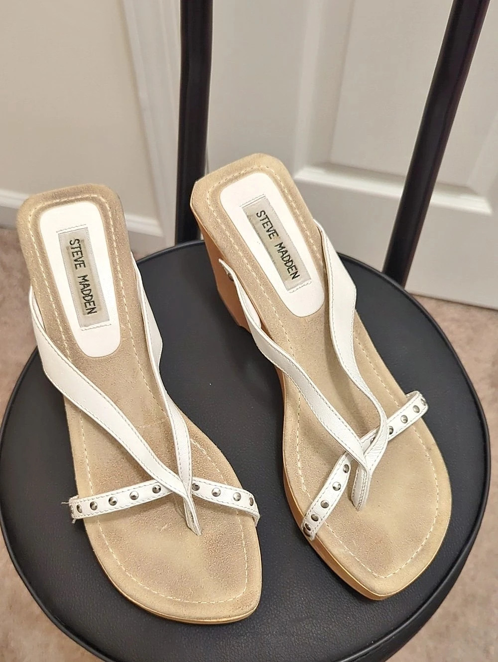 Steve Madden Studded Wedge Sandals in White & Gold